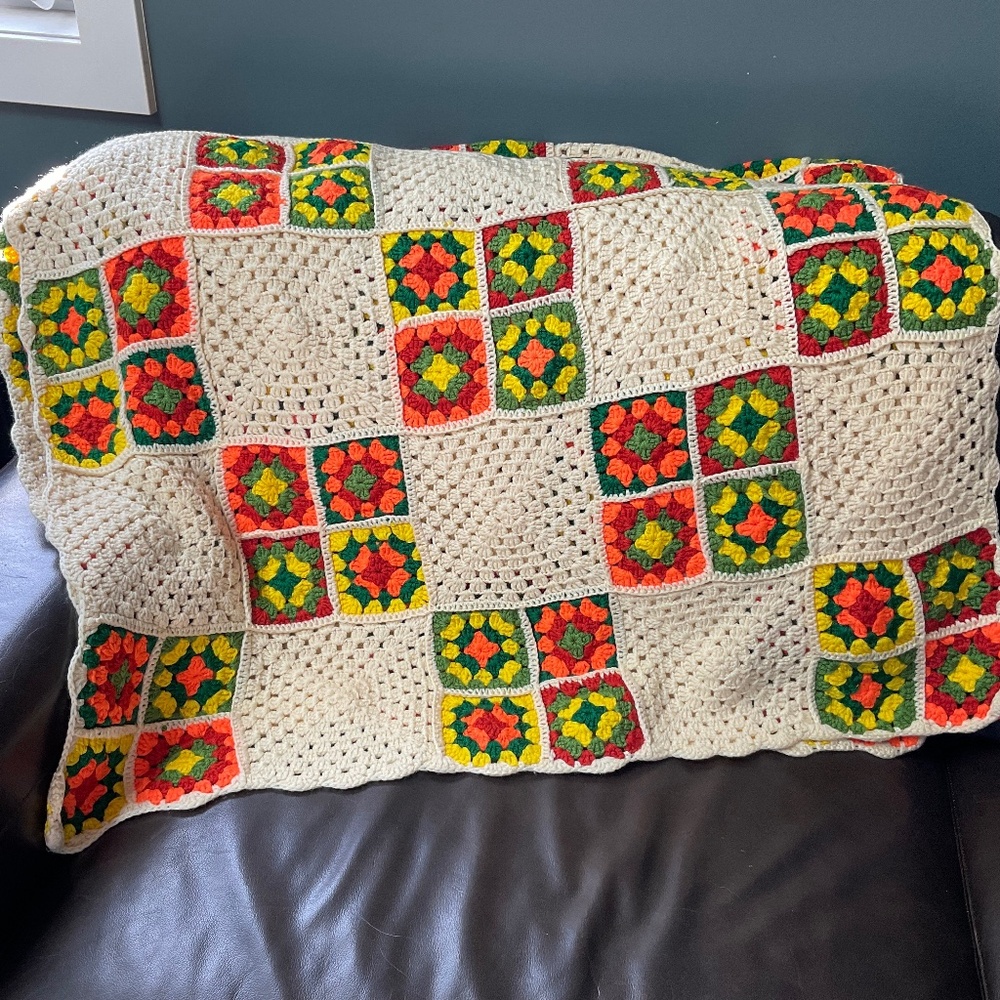 Vintage Granny Square Crocheted Blanket or Throw 36” X 68”